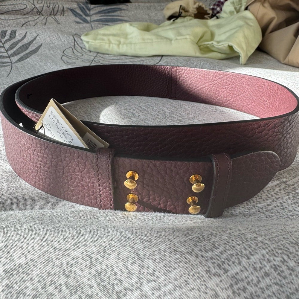 Designer Burgundy Leather Belt with Gold Accents - Picture 2 of 5